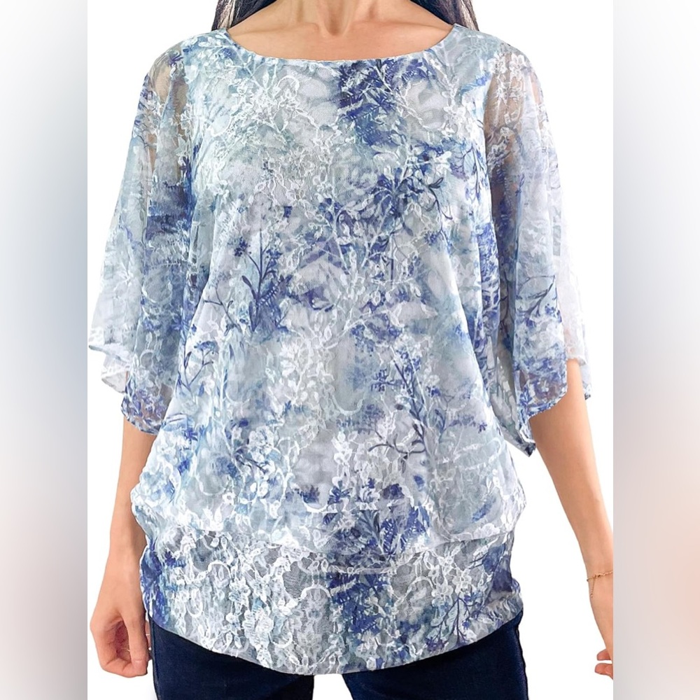 Brittany Black Printed Floral 3/4 Sleeve Banded Bottom Lace Top
